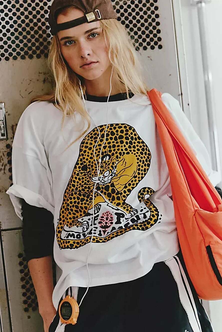 Free People Movement Elliot Snowman Leopard Graphic Tee Off-White XS